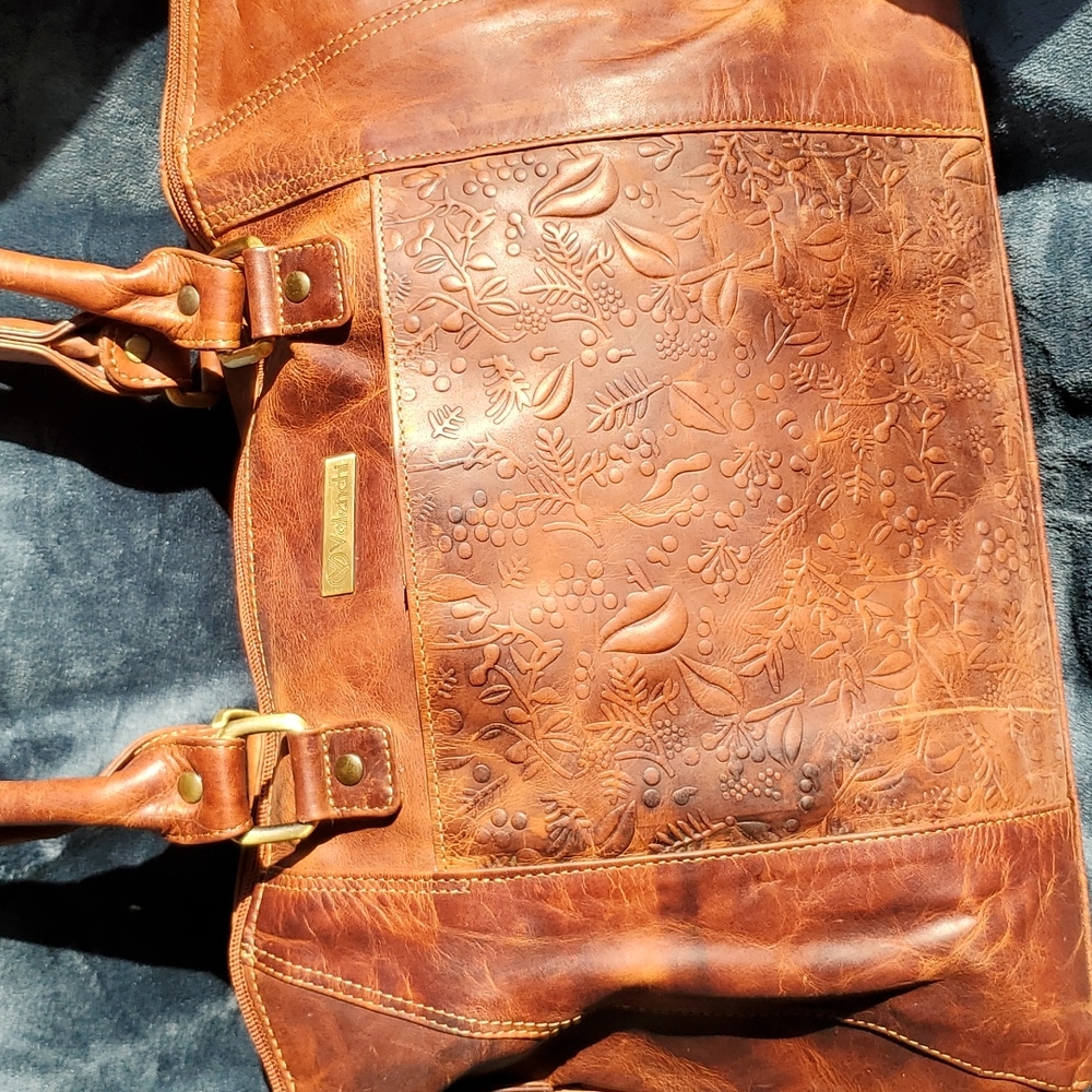 Valenchi cognac leather bag with floral embossed front EUC